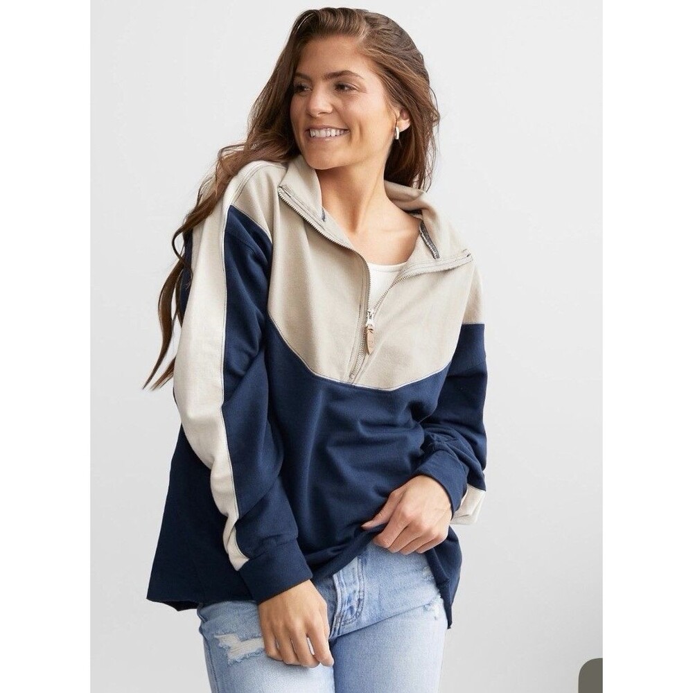 BKE Color Block Half Zip Pullover Sweatshirt Womens XL Navy Tan Oversized Boho